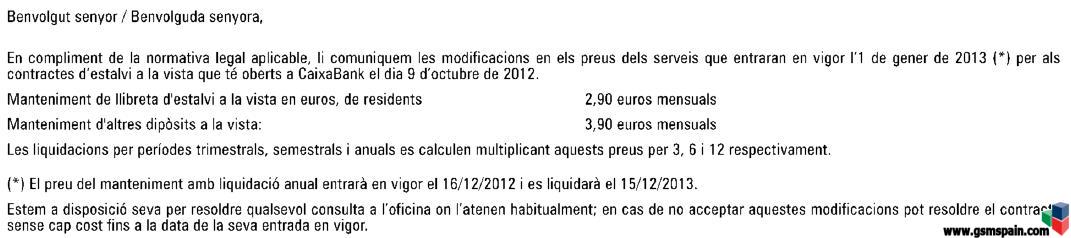 La Caixa, subida comisin mensual mantenimiento en 2013 = 2.90 al mes (ahora 2.25)