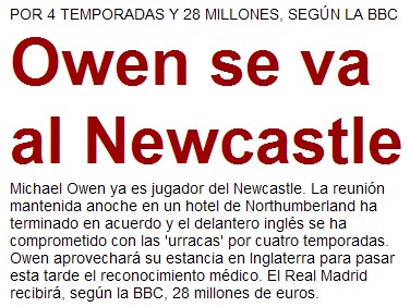 El Real Madrid confirma el traspaso de Owen al Newcastle