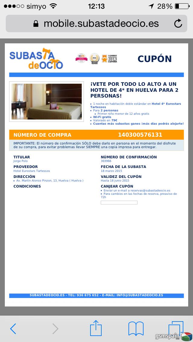 [VENDO] Noche de hotel en Huelva (Subasta de Ocio)
