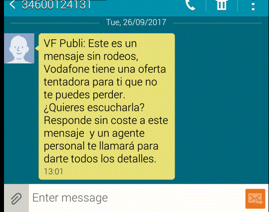 SMS: "Vodafone tiene oferta tentadora para ti. Quieres escucharla?"