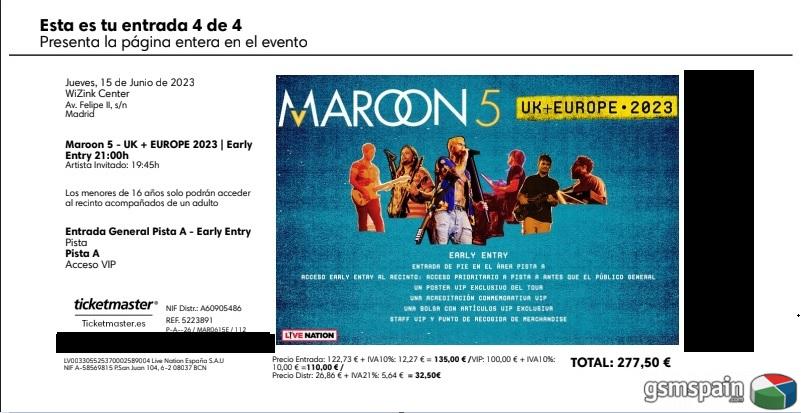 [VENDO] 2 entradas VIP para concierto de Maroon 5 en Madrid el 15 de junio